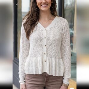 Grace & Lace Pointelle Ivory Peplum Cardigan